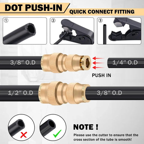 Instructional diagram for Brass DOT Air Line Fittings Kit 136 Piece Set with push to connect quick connect fittings for air hose measurements