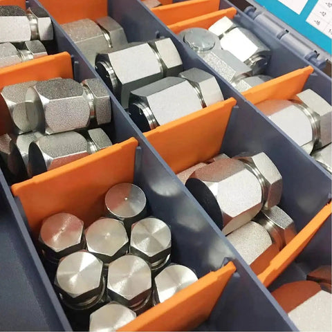 JIC And ORFS Hydraulic Fittings Kit 144 Pcs Cap And Plug Set in plastic organizer box, galvanized 45 steel, sizes 04-16.