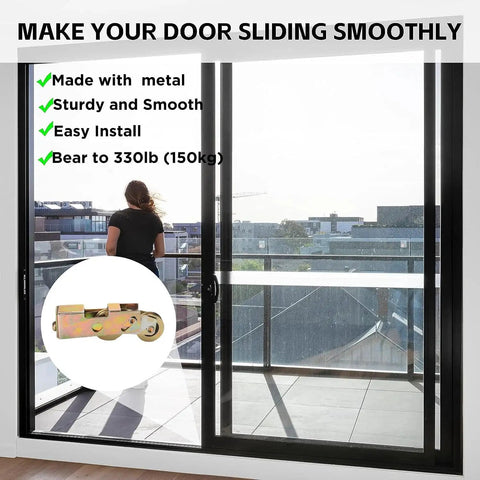 Two Pack Tandem Sliding Patio Door Roller Assembly One And A Quarter Inch Wheel With Steel Ball Bearings Rear Adjustable Replacement for Sliding Glass Doors shown against a balcony view.