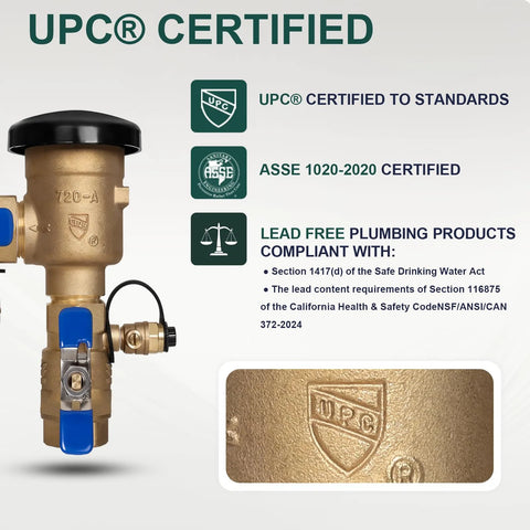 1-inch brass 720A pressure vacuum breaker backflow preventer for irrigation with blue lever handles; UPC certified