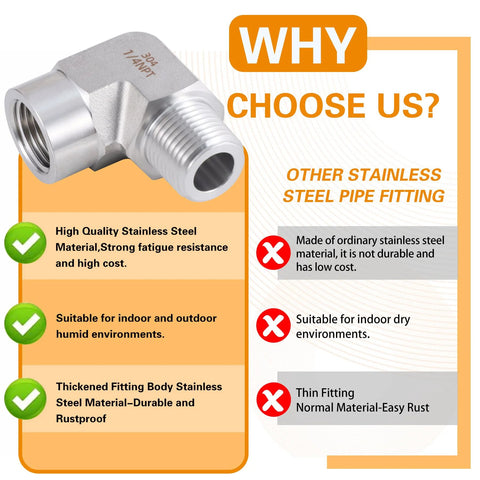 Stainless steel 90-degree pipe elbow fittings, 1/4 NPT male x 1/4 NPT female, 2-pack