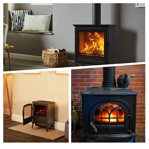LikeLion wood stove door gasket rope, 1/2 in x 84 in graphite-impregnated fiberglass; collage of three black stoves.
