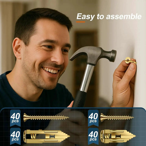 Man using Self Drilling Drywall Anchors With Screws Set 160 Pcs Dual Size 0.47x1.18 In Light Duty And 0.47x1.57 In Heavy Duty