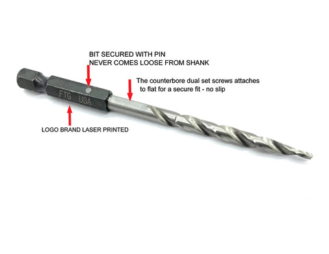 Adjustable Wood Countersink Drill Bit Set For Precise Woodworking, 5 Piece With 1/4 Inch Hex Shank, FTG USA branded bit