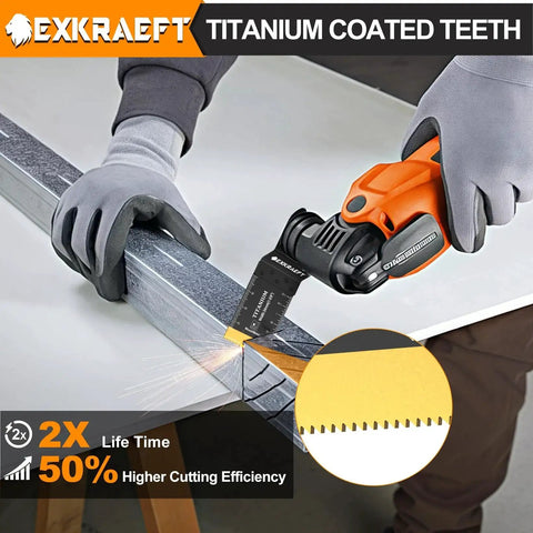 Person using Titanium Oscillating Saw Blades Set For Metal Wood And Plastic 110 Piece Multitool Blades Kit on metal piece