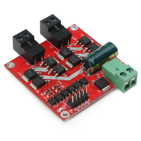 Industrial grade Dual H Bridge DC Motor Driver for Two Motors, PWM Speed Controller 6.5V to 27V, shown with electronic components mounted on red PCB