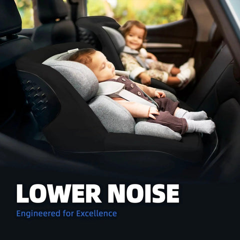 Sleeping baby in car seat with quiet interior emphasizing lower noise and comfort in vehicle cabin