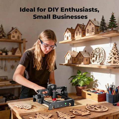 Person using S1 Laser Engraver For DIY Makers And Small Biz, 3500mW Desktop Engraving And Cutting Machine on wooden projects.