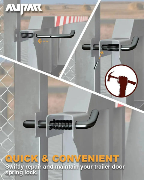 Heavy Duty Steel Trailer Gate Spring Latch Repair Kit 819T Anti Rust Black shown installed on gate with tool in action.