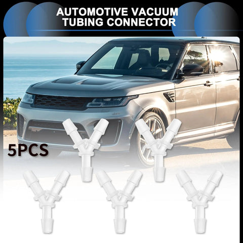 Y Shaped 3 Way Vacuum Tubing Connector For Your Ride One Eighth Inch Vacuum Line Fittings Plastic Translucent 5 Pack Durable Automotive Air Tube Connector Durable Plastic Construction Corrosion Resistant For Long Lasting Auto Use displayed in front of a car