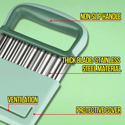 Close-up of Two Pack Stainless Steel Wavy Crinkle Cutters For Veggies And Fries with non-slip green handle and ventilation cover.