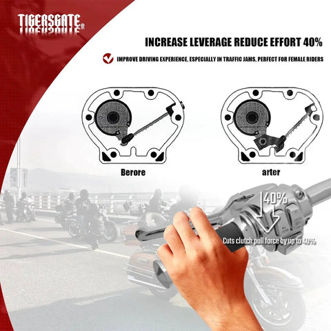 TigerGate Twin Cam Easy Pull Clutch Lever Kit for Harley 2000–2017; silver lever installed on handlebars with hand pulling