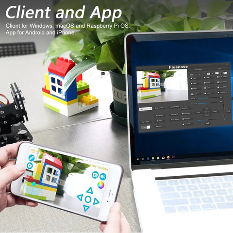 Smartphone and laptop displaying controls for Mecanum Wheel Robotic Car Kit for Raspberry Pi with app interface.
