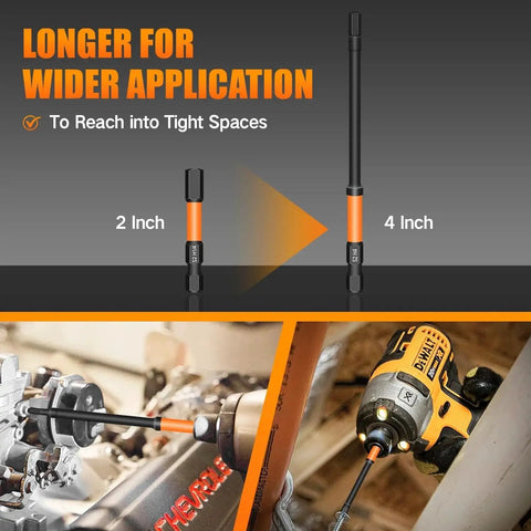 Comparison of 2-inch and 4-inch bits from Impact Driver Hex Bit Set 20-Piece 4 Inch Long Metric And SAE Hex Bits One Quarter Inch Hex Shank S2 Steel Magnetic CNC Tips For Drill And Driver With Durable Storage Box And Case, showing use in drill and engine application.
