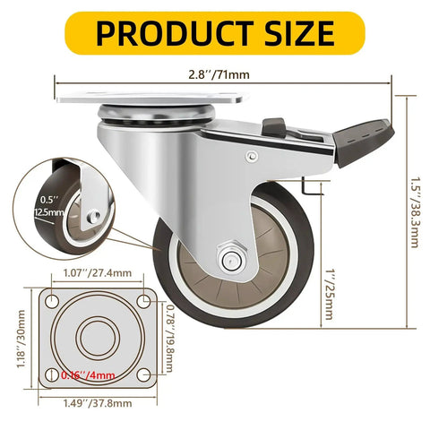 1 Inch Heavy Duty Caster Wheels Set Of 4 With Brakes 100 Lb Capacity Swivel Furniture Casters For Workbench Cabinet And Coffee Table Silent Rubber Wheels For Quiet Glide On Hardwood And Carpet side view with dimensions