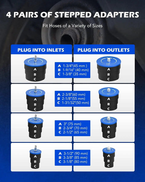 Turbo Leak Tester Kit With 4 Stepped Adapters graph showing adapter sizes and specifications for inlets and outlets.