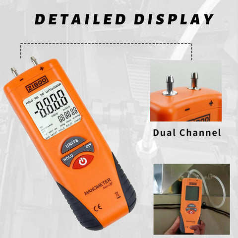 ZIBOO ET1013 digital manometer handheld, orange dual-channel air and gas pressure tester with large LCD display