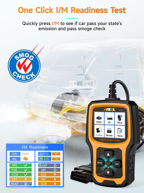 Enhanced OBD2 Scanner For Check Engine Light Reads Codes Fast With ANCEL AD410 Vehicle Code Reader displayed with I/M readiness test feature.