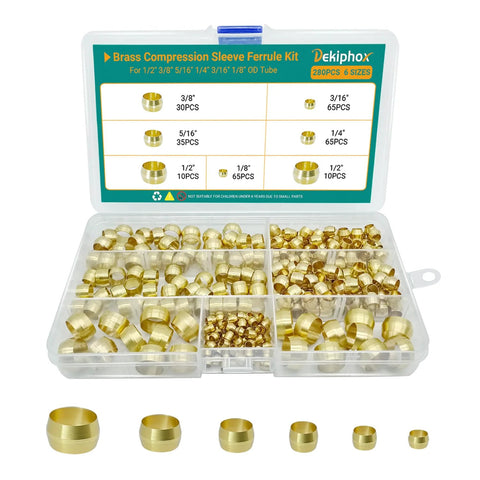 Brass compression sleeve ferrule kit in a clear case, 280pcs, six sizes for 1/2, 3/8, 5/16, 1/4, 3/16, 1/8 in OD tubes