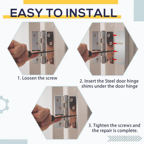 Step-by-step installation of 10 Pcs Stainless Steel Door Hinge Shims 4 Inch 3 64th Inch Thick Replacement Kit.