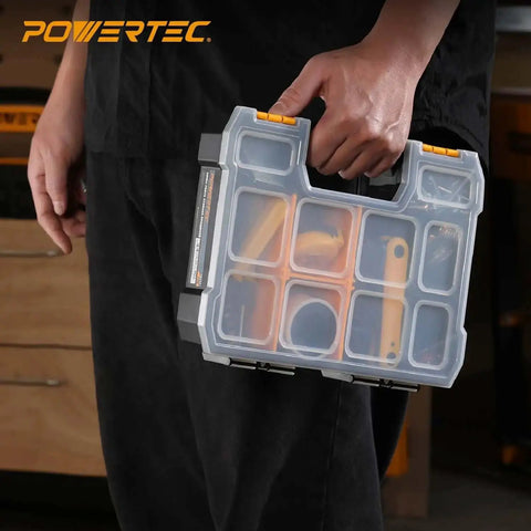 DIY Friendly Small Parts Organizer And Tool Box With Ten Compartments And Stackable Storage Removable Dividers For Customizable Spacing Clear Lid For Easy Visibility Portable Design Three Pack in hand