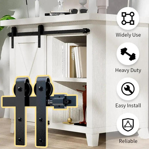 Three Foot Mini Barn Door Hardware Kit For Sliding Single Door In J Shape For Cabinets Wardrobe TV Stand Carbon Steel With Frosted Finish Waterproof And Rustproof Durable Track System Fits Door Thickness From Three Quarters Inch To One Inch Easy To installed on white cabinet