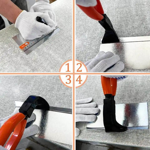 11 Inch Hand Seamer Sheet Metal Tool With 45 Degree Jaws And PVC Handle showing bending and flattening in HVAC work