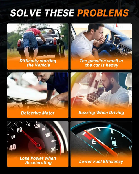 Image listing vehicle issues: difficulty starting, gasoline smell, defective motor, buzzing when driving, low power, and fuel efficiency.