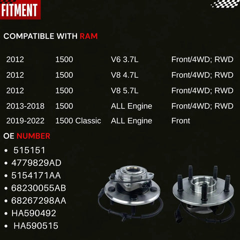 Pair Front Wheel Bearing Hub Assembly For Ram 1500 2012 To 2018 And 2019 To 2022 Ram 1500 Classic 5 Lug With ABS OEM 515151