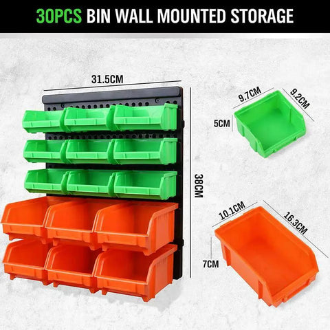 30 Bin Wall Mounted Hardware Organizer For Screws Nuts Bolts Nails And Small Parts with green and orange bins