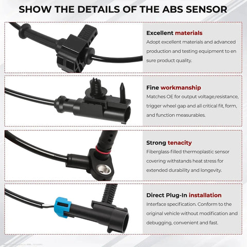 ABS wheel speed sensor front view; black plastic housing with electrical connector.
ABS wheel speed sensor side view; slim black module with mounting stud.
ABS wheel speed sensor close-up; thermoplastic body and sensor tip with mounting hole.
ABS wheel speed sensor installed; wiring harness with blue locking clip.
