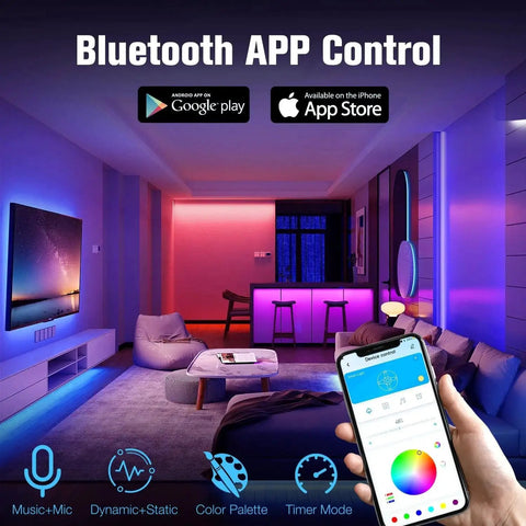 Colorful living room with 130Ft RGB LED Strip Lights With App And IR Remote Music Sync 24V Power Supply illuminating ceiling and walls.
