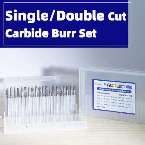 Pro Grade Carbide Rotary File Set For Precision Metal And Wood Carving Deburring And Jewelry Making Includes Double Cut And Single Cut Burrs For Rapid Shaping To Fine Finishing One Eighth Inch Shank And Cutting Diameter Fits Dremel And CNC Routers