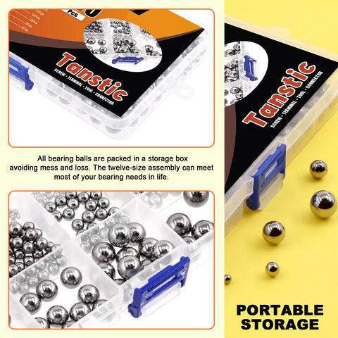 Tanstic 330-piece metric steel bearing ball assortment in clear organizer box with blue latch