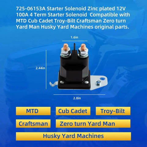 725-06153A starter solenoid relay, zinc-plated 12V, front view with mounting bracket and two terminal studs