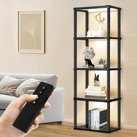 Display Shelf Floor Lamp With Dimmable LED Three Color Temperatures Glass Curio Cabinet Shelves Remote Control in living room