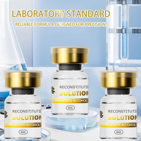 Reconstitution solution vials, premium glass with gold caps, 5mL each; 3 of 10-pack shown
