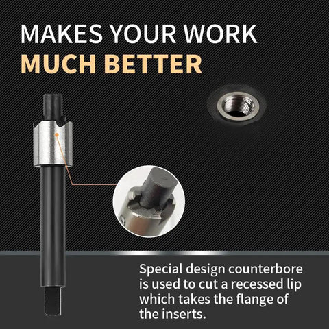 M5 X 0.8 Thread Repair Kit With Stainless Steel Inserts Drill Tap Counterbore And Install Driver 10 Pcs Metric M5X0.8X7.6MM Inserts Restores Damaged Threads In Metal And Plastic Pro Grade Kit showing special counterbore design