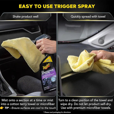 User spraying Meguiars All Surface Interior Detailer on car dashboard with a microfiber towel, 16 Oz bottle visible.