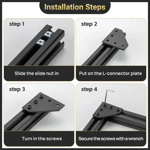 Installation steps for 2020 Aluminum Extrusion Corner Bracket Set With L Shape 90 Degree Connectors showing T-nuts, screws, and wrench usage.