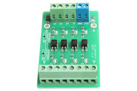 Pro Grade Four Channel Optocoupler Isolator Module With Level Shifter for PLC signals, front view with connectors and LED indicators.