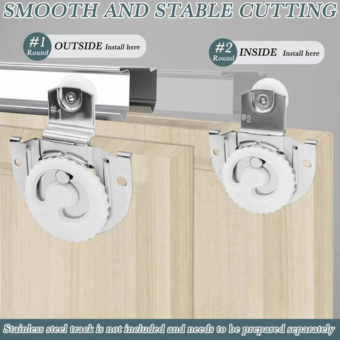 Sliding Wardrobe Door Hardware Set With Four Rollers And Eight Screws for Closet Cabinets shown installed on wooden door