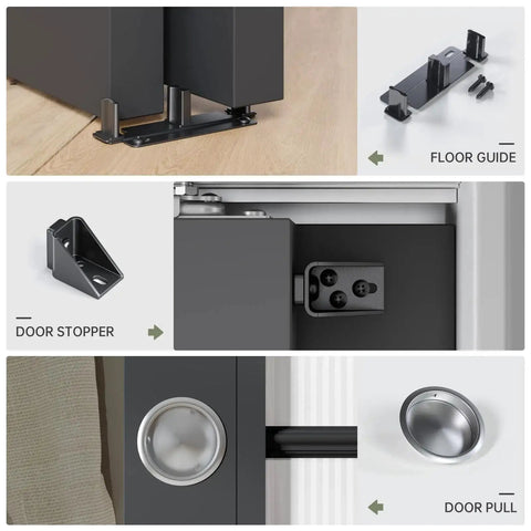 Eight Foot Bypass Double Sliding Pocket Door Hardware Kit For Two Door System With Aluminum Track Commercial Grade Smooth Soft Glide Ball Bearing Rollers Easy Install Concealed Track No Doors Included, showing components like floor guide, door stopper, and door pull.