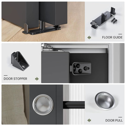 Components of Bypass Pocket Door Hardware Kit 6 Foot 72 Inch Double Sliding System including floor guide, stopper, and door pull