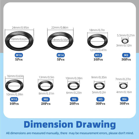 Glarks conical knurled spring washer set, M3–M16, black 65Mn steel; dimension drawing shows sizes and quantities