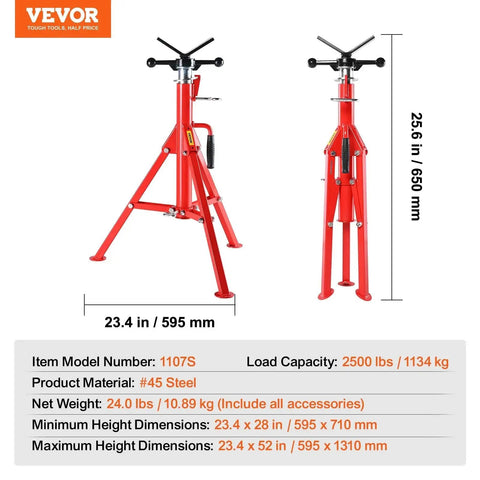 Side view of Versatile Pipe Stand And Welding Jack Stand 28 To 52 Inch Height 2500 Lbs, red steel frame, adjustable height.