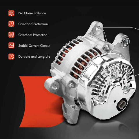 Ride Ready 12V 136A Alternator For Dodge Dakota 2000 Durango 2000 And Jeep Grand Cherokee 1999 2000 V8 With Clockwise 6 Groove Pulley Replacement 5104764AA, showing front view with specifications