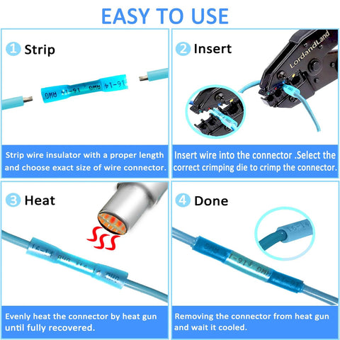 50 pcs heat shrink butt connectors kit with blue insulated waterproof terminals for marine and automotive wiring