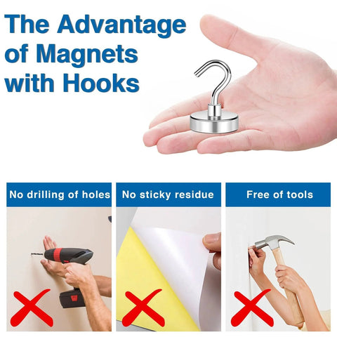 Hand holding a magnetic hook for cruise cabins with images showing no drilling, no sticky residue, and tool-free installation.