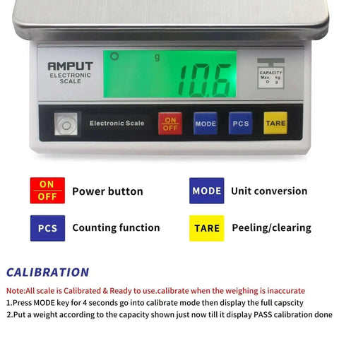 Pro Grade Industrial Counting Scale With 10 Kg Capacity And 0.1 Gram Precision displaying 10.6 with calibration instructions